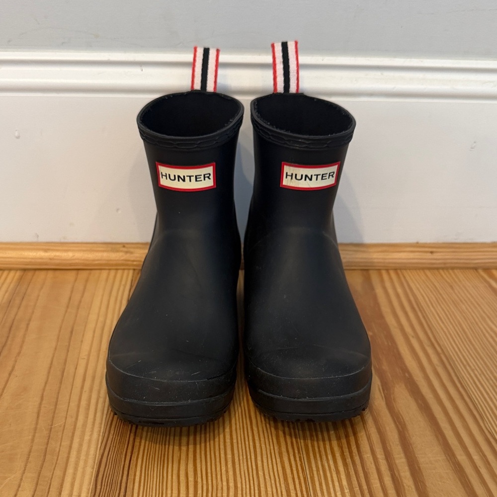 Hunter Black Short Rain Boots with Red and White Heel Tabs